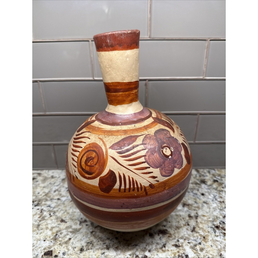 Vintage Tonala Mexican Vase Jug Water Pitcher Vessel 13 Inches Hand Painted